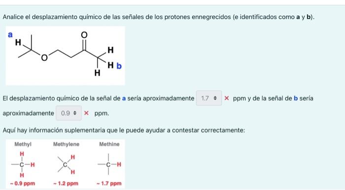 Analice el desplazamiento químico de las señales de los protones ennegrecidos (e identificados como a y b). El desplazamiento