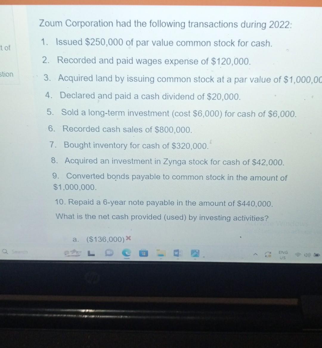 Solved Zoum Corporation had the following transactions | Chegg.com