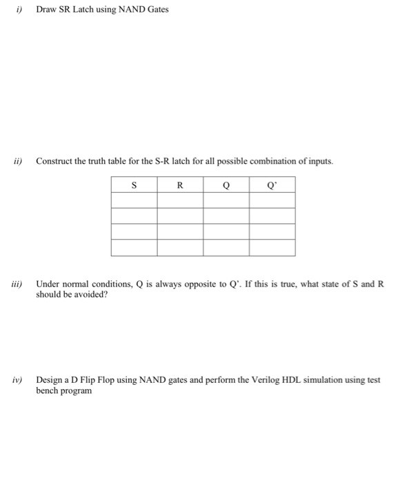 Solved i) Draw SR Latch using NAND Gates ii) Construct the | Chegg.com