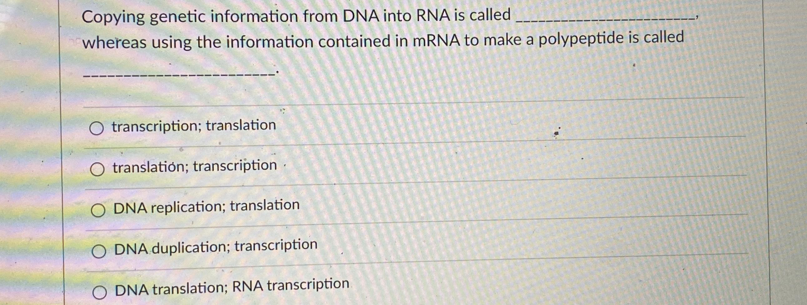 Solved Copying genetic information from DNA into RNA is | Chegg.com