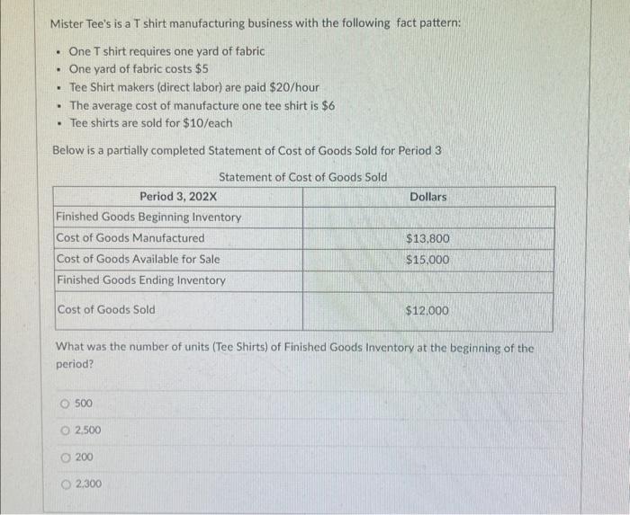 Solved Mister Tee's is a T shirt manufacturing business with