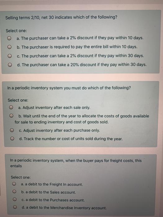 Solved Selling Terms 2 10 Net 30 Indicates Which Of The Chegg