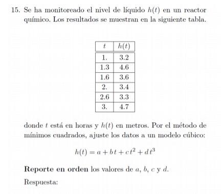 15. Se ha monitoreado el nivel de líquido \( h(t) \) en un reactor químico. Los resultados se muestran en la siguiente tabla.