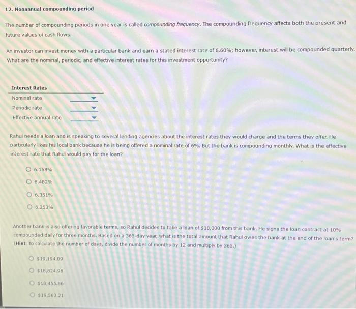 Solved 12. Nonannual compounding period The number of | Chegg.com