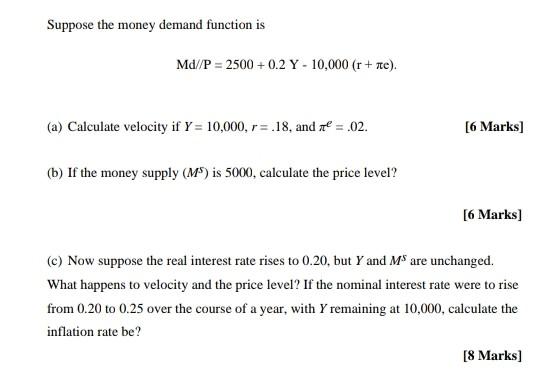 Solved Suppose The Money Demand Function Is Md P 2500 0 2