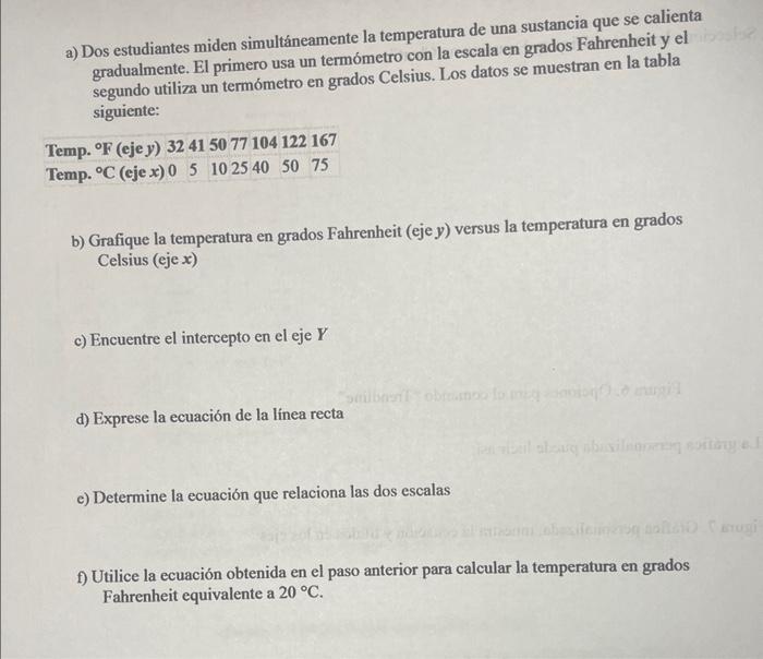 a) Dos estudiantes miden simultáneamente la temperatura de una sustancia que se calienta gradualmente. El primero usa un term