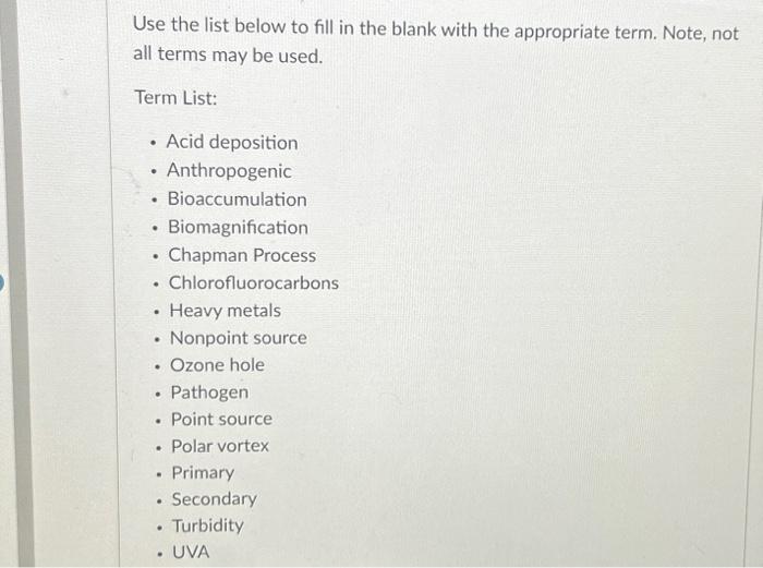 Solved Use the list below to fill in the blank with the | Chegg.com