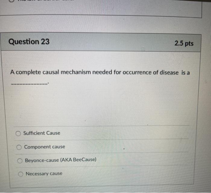 Question 23 2.5 pts A complete causal mechanism needed for occurrence of disease is a Sufficient Cause Component cause Beyonc