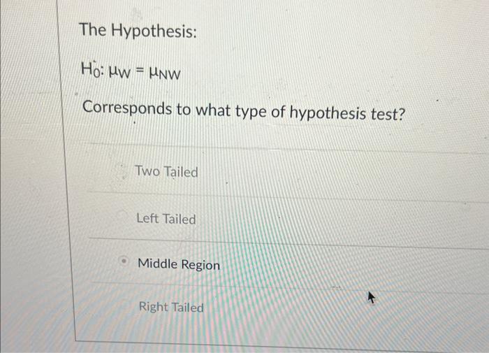 The Hypothesis:
\[
H_{0}: \mu_{W}=\mu_{N W}
\]
Corresponds to what type of hypothesis test?
Two Tailed
Left Tailed
Middle Reg