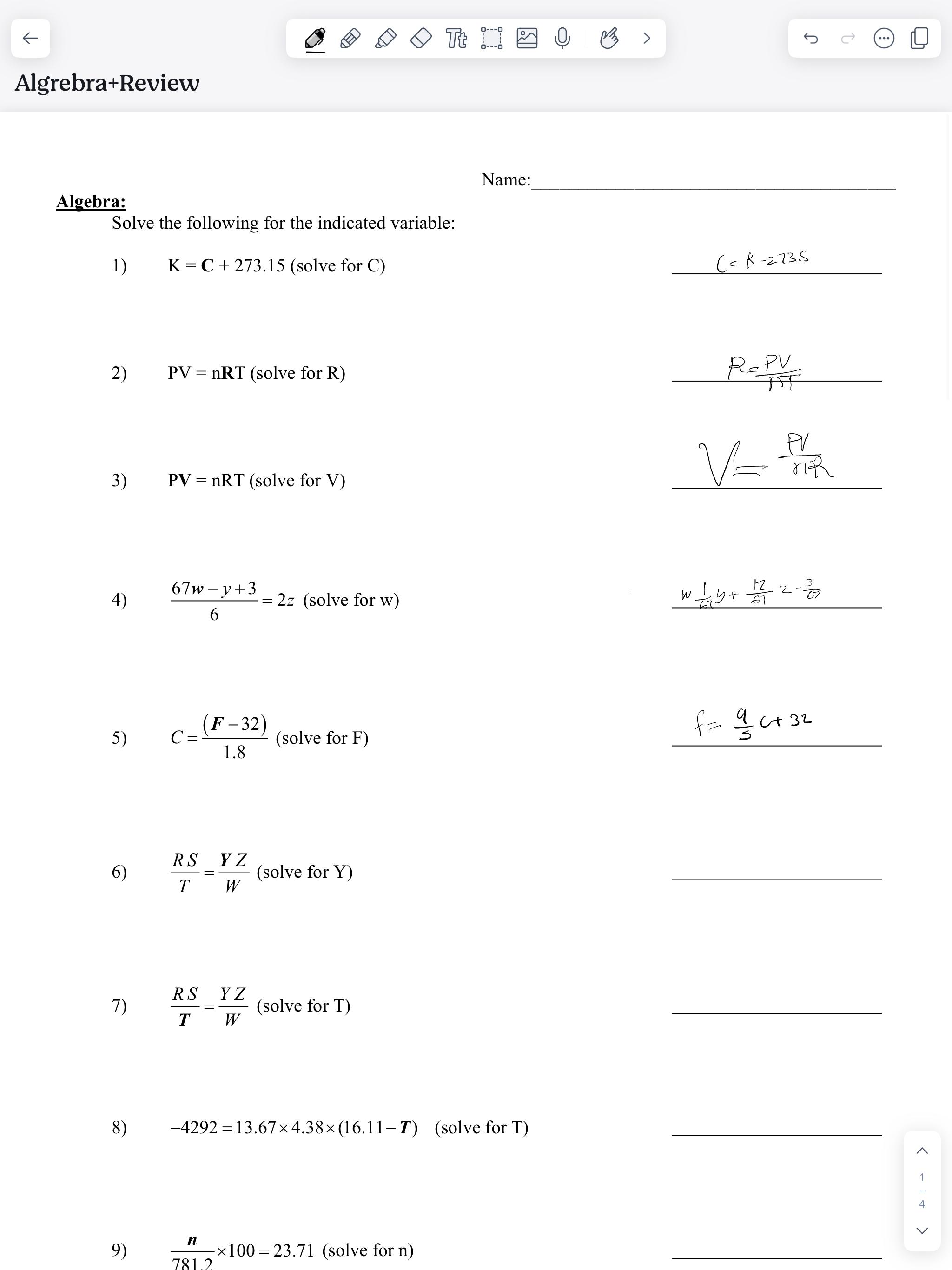 solved-algrebra-reviewnamealgebra-solve-the-following-for-chegg