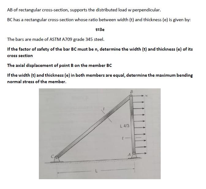 \( A B \) of rectangular cross-section, supports the distributed load w perpendicular. \( \mathrm{BC} \) has a rectangular cr