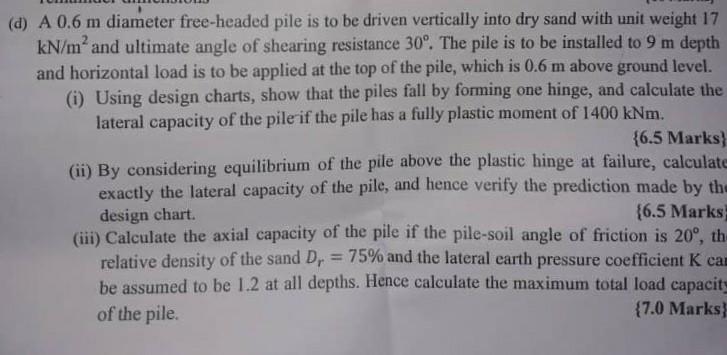 (d) A 0.6 m diameter free-headed pile is to be driven vertically into dry sand with unit weight 17
kN/m² and ultimate angle o