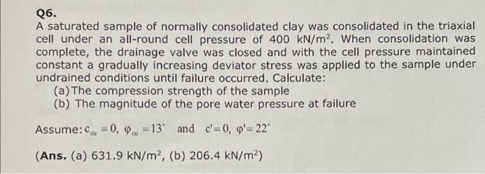 Solved Q6. A saturated sample of normally consolidated clay | Chegg.com 