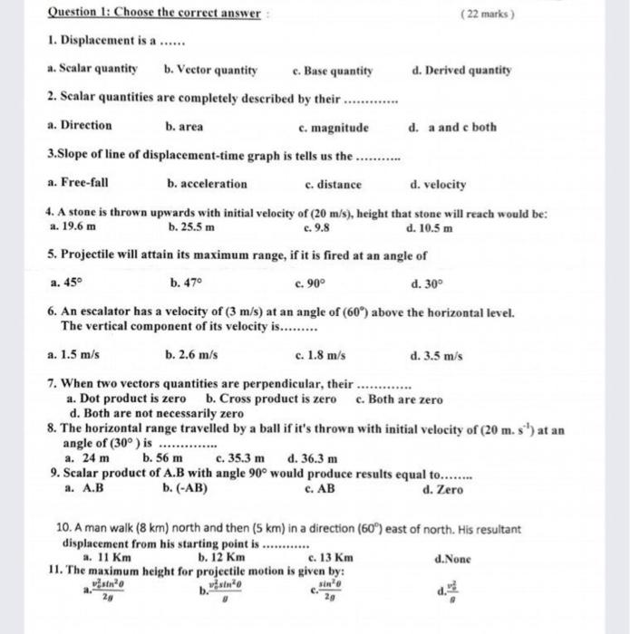 Solved . Question 1: Choose the correct answer (22 marks) 1. | Chegg.com