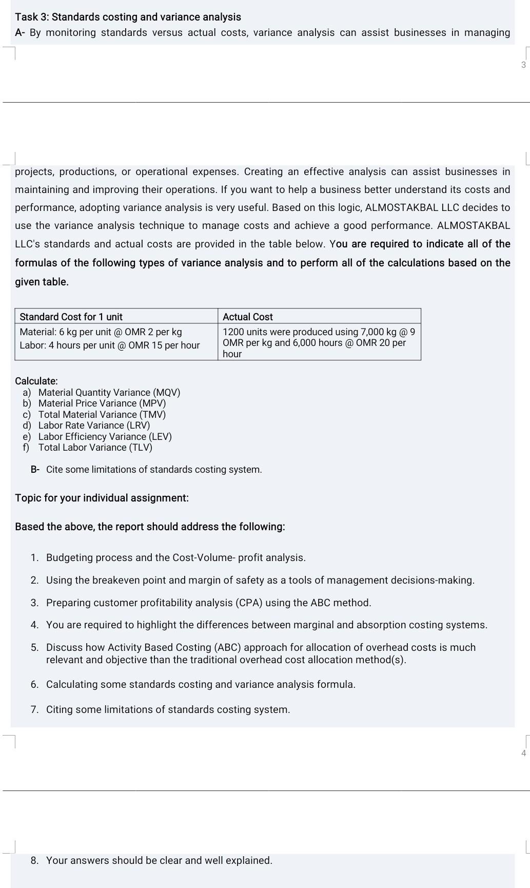 Solved Task 3: Standards costing and variance analysis A- By | Chegg.com