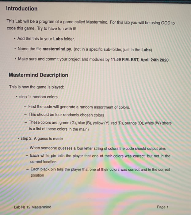 Mastermind Description : This is how the game is | Chegg.com