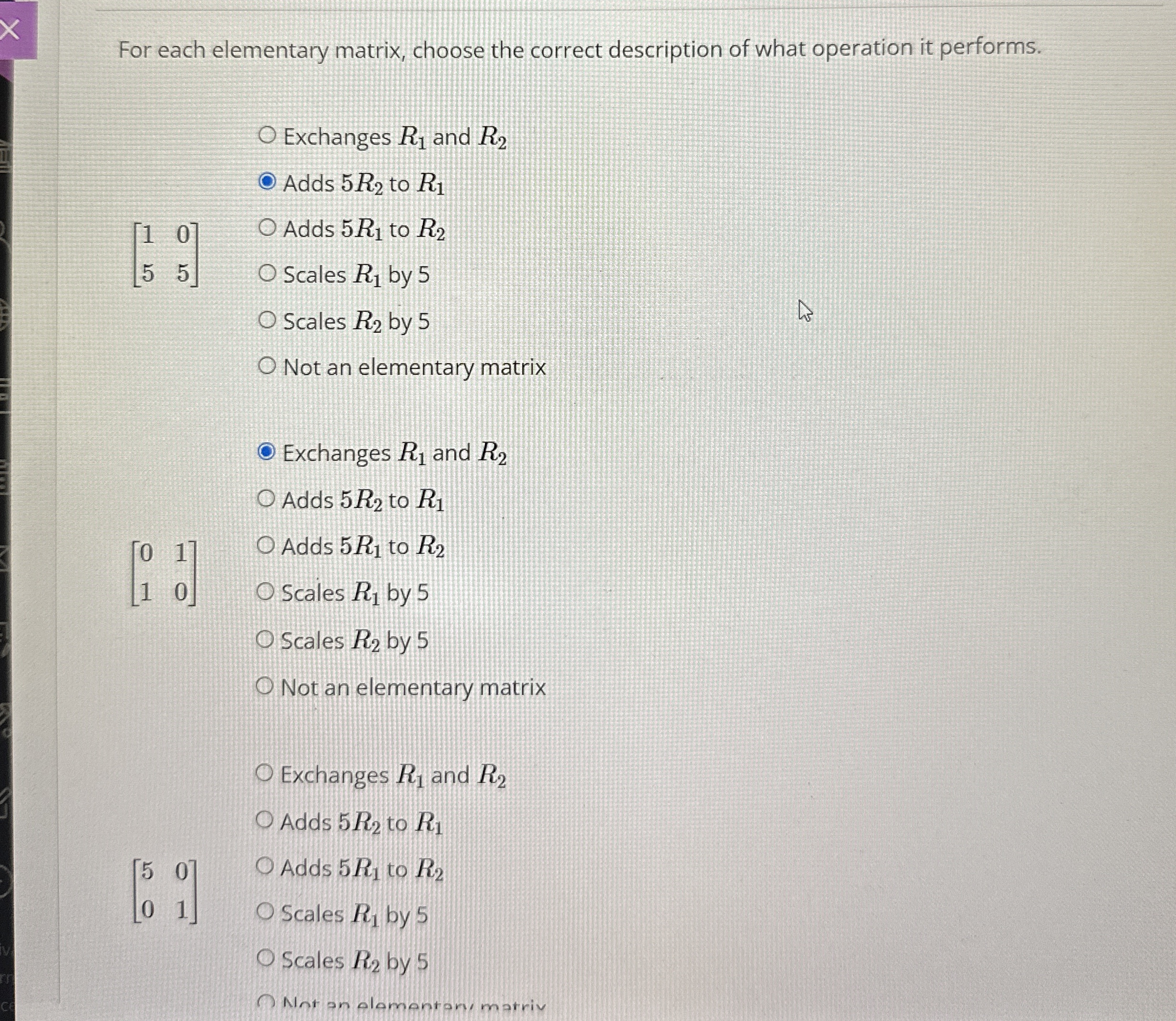 Solved For each elementary matrix, choose the correct | Chegg.com