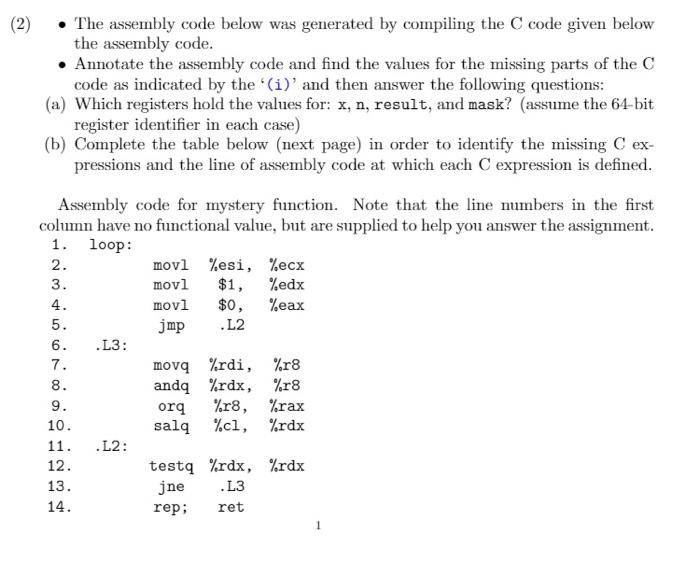 Solved (2) • The Assembly Code Below Was Generated By | Chegg.com