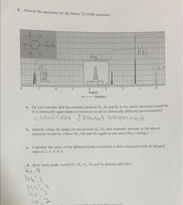 Solved 4. Answer the questions for the below 'H NMR | Chegg.com