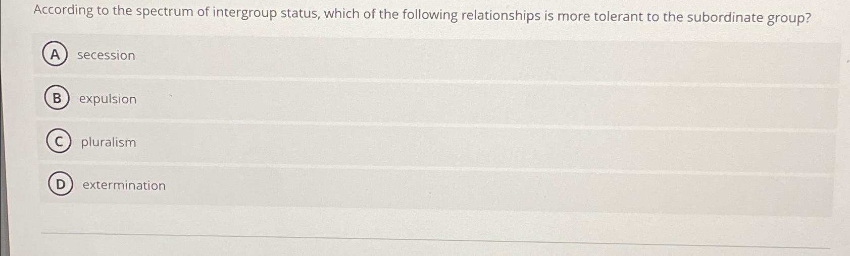 Solved According to the spectrum of intergroup status, which | Chegg.com