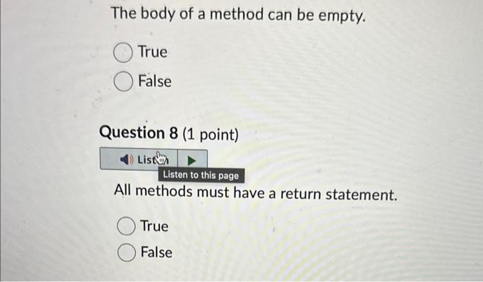 Solved The body of a method can be empty. True False | Chegg.com