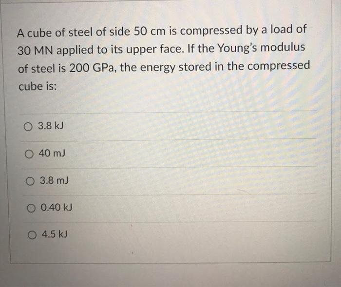 Solved A cube of steel of side 50 cm is compressed by a load | Chegg.com