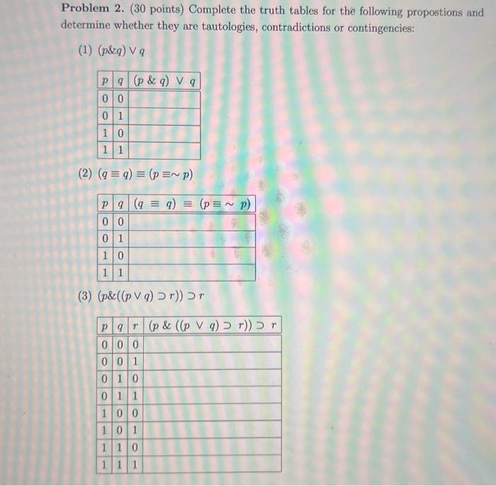 Solved Problem 2. (30 points) Complete the truth tables for | Chegg.com