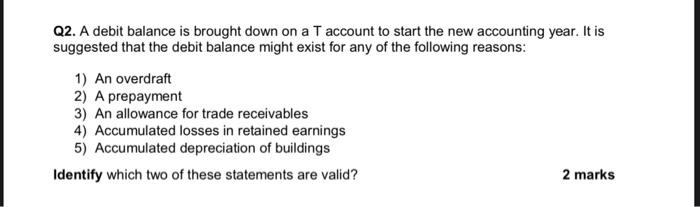 Solved Q2. A debit balance is brought down on a T account to | Chegg.com