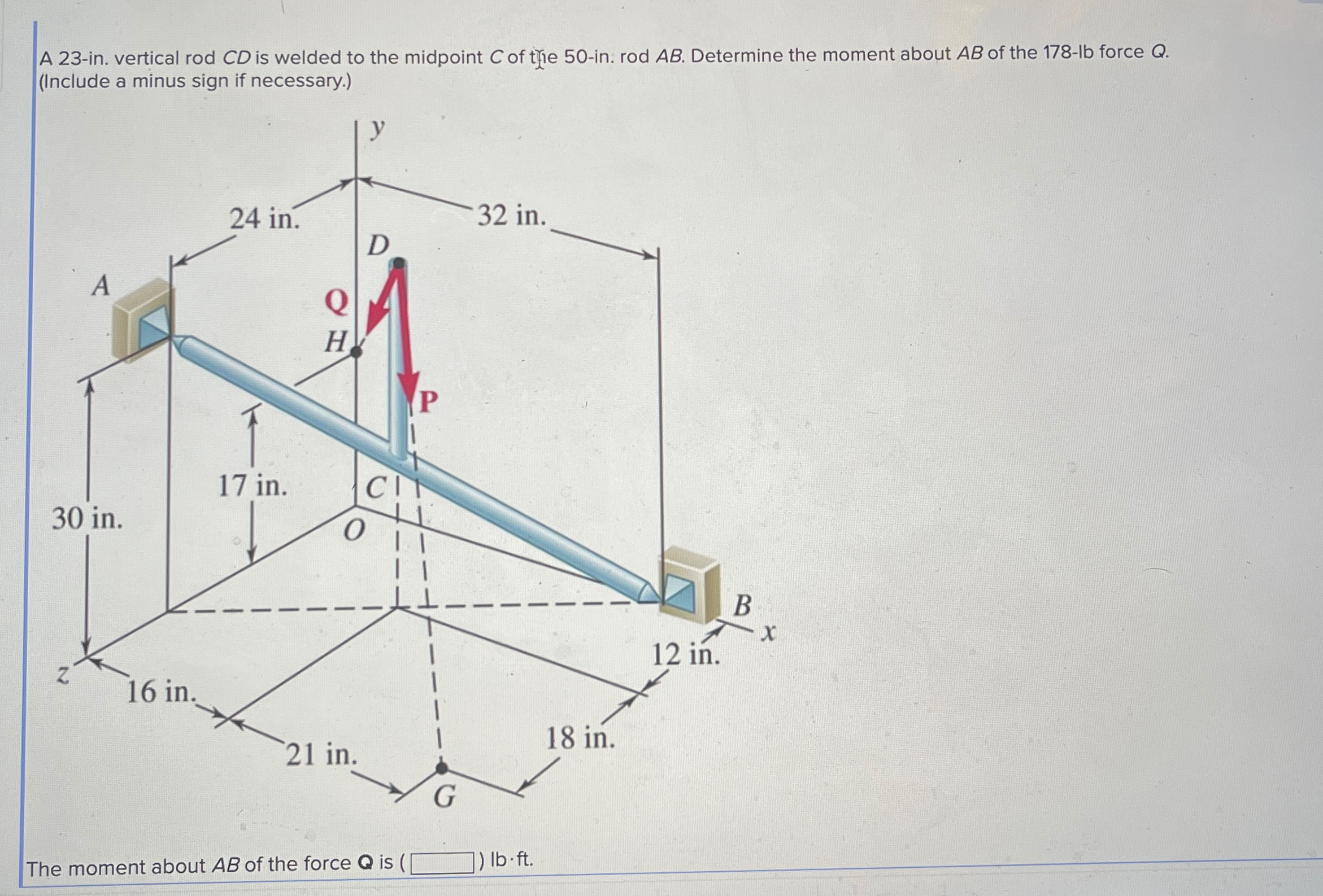 Solved A 23-in. ﻿vertical rod CD ﻿is welded to the midpoint | Chegg.com