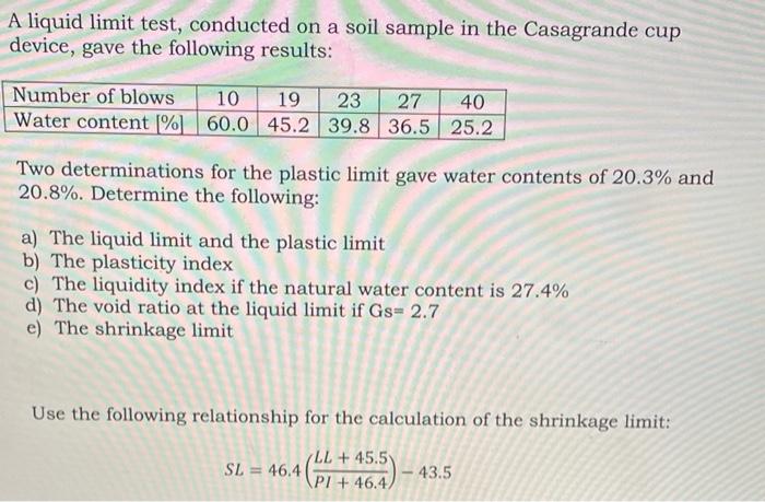 Solved A Liquid Limit Test Conducted On A Soil Sample In Chegg Com   Image