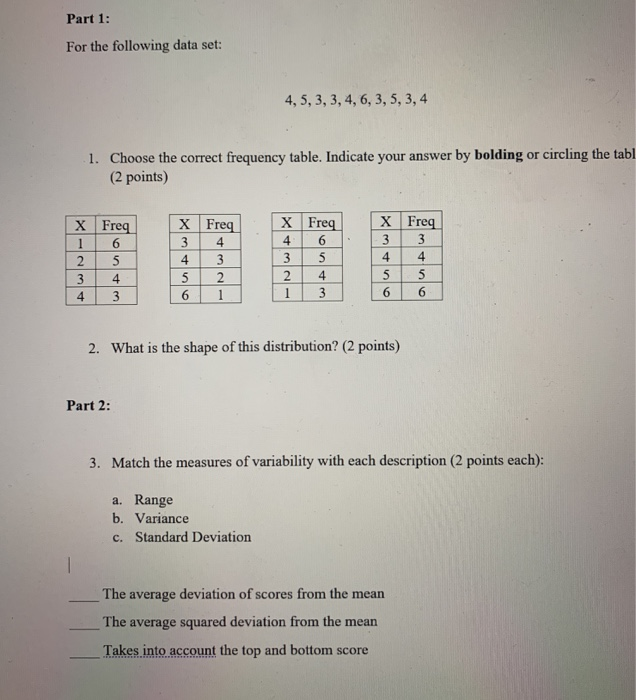 Solved Part 1: For the following data set: 4,5, 3, 3, 4, 6, | Chegg.com