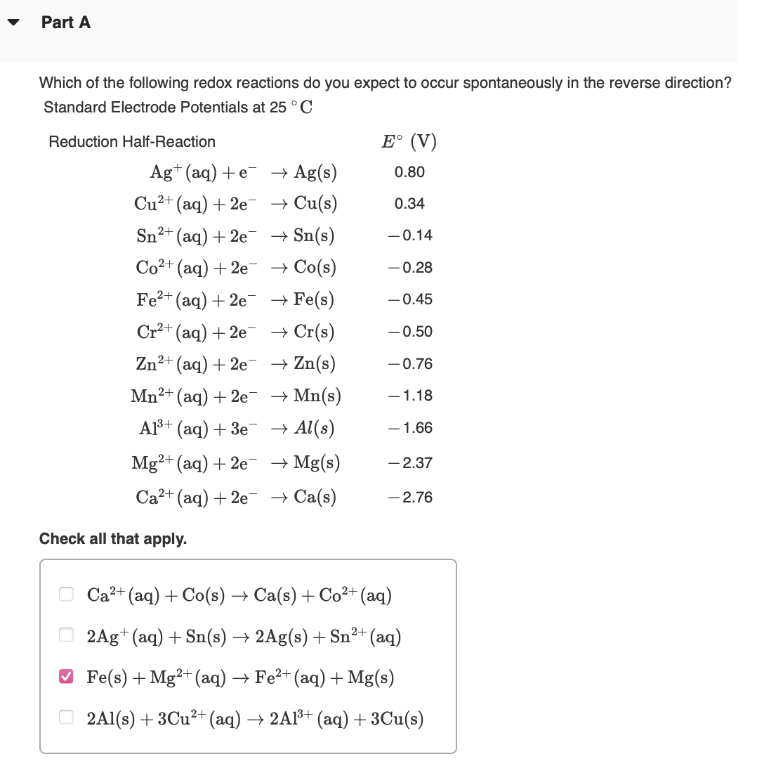 Solved Part AWhich of the following redox reactions do you | Chegg.com