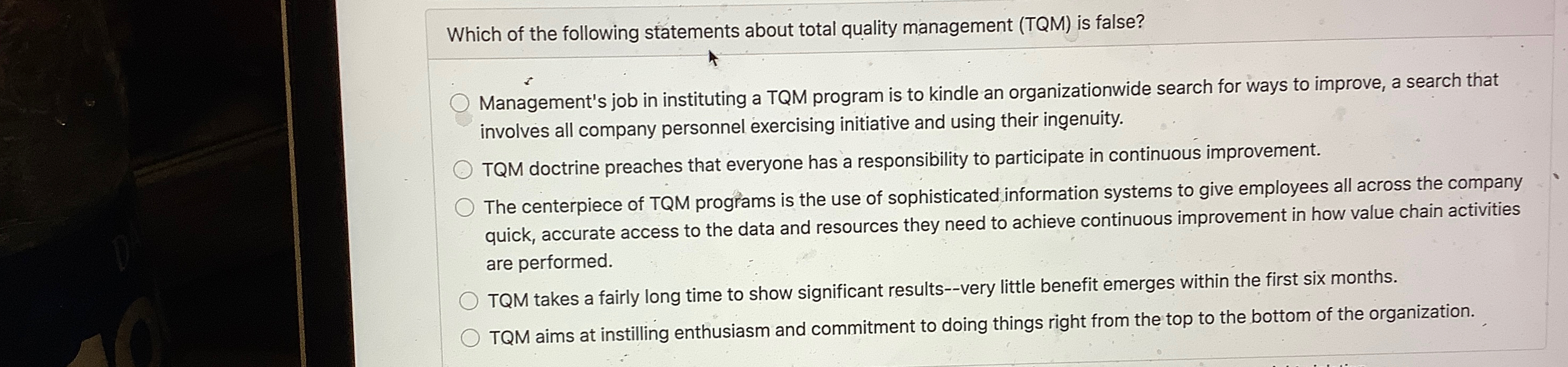 Solved Which of the following statements about total quality | Chegg.com