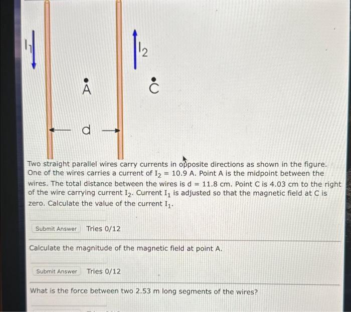 Solved Two straight parallel wires carry currents in | Chegg.com