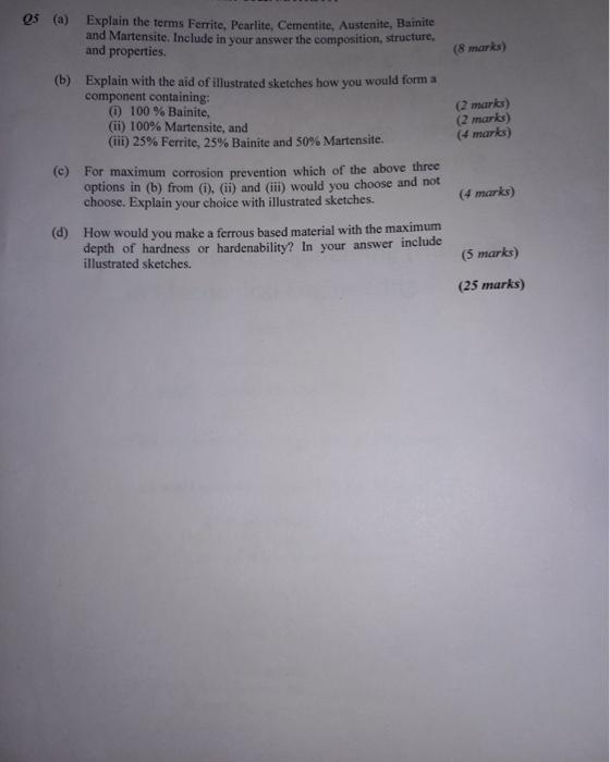 (a) Explain the terms Ferrite, Pearlite, Cementite, Austenite, Bainite and Martensite, Include in your answer the composition