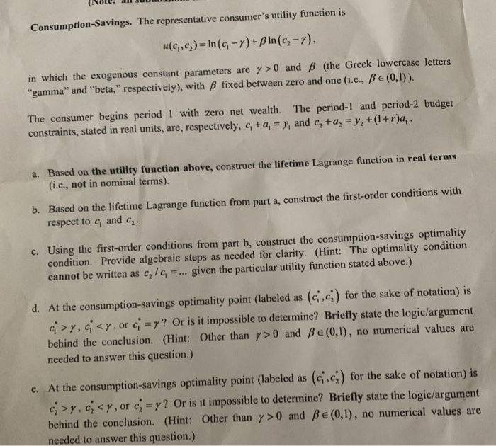 Consumption Savings The Representative Consumer S Chegg Com
