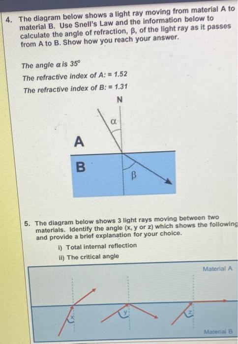 Solved 4. The diagram below shows a light ray moving from | Chegg.com