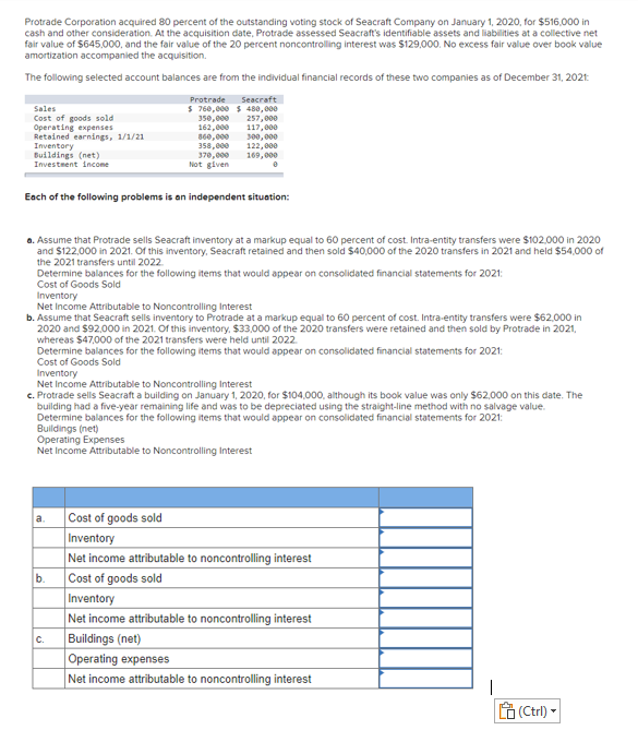 Solved Protrade Corporation acquired 80 ﻿percent of the | Chegg.com