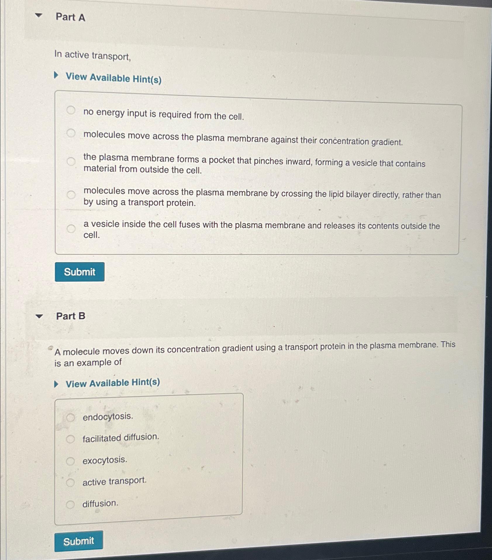 Solved Part AIn Active Transport,View Available Hint(s)no | Chegg.com