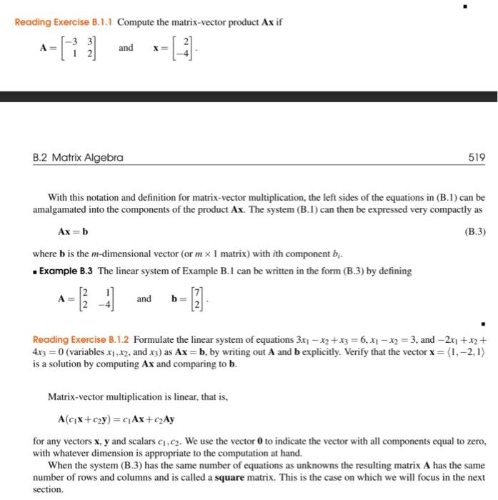 Solved Reading Exercise B.1.1 Compute The Matrix-vector | Chegg.com