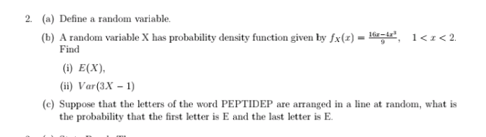 Solved 2. (a) Define A Random Variable. (b) A Random | Chegg.com