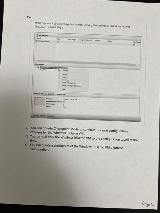 What happens if you select Apply after right-clicking the checkpoint Windows10Demo Q/9/2021 - \( 40605 \mathrm{PM})^{-} ? \)
