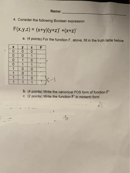 Solved Name: 4. Consider the following Boolean expression | Chegg.com