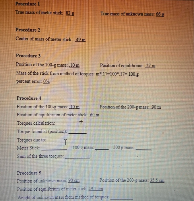 Solved Procedure 1 True mass of meter stick 82 g True mass