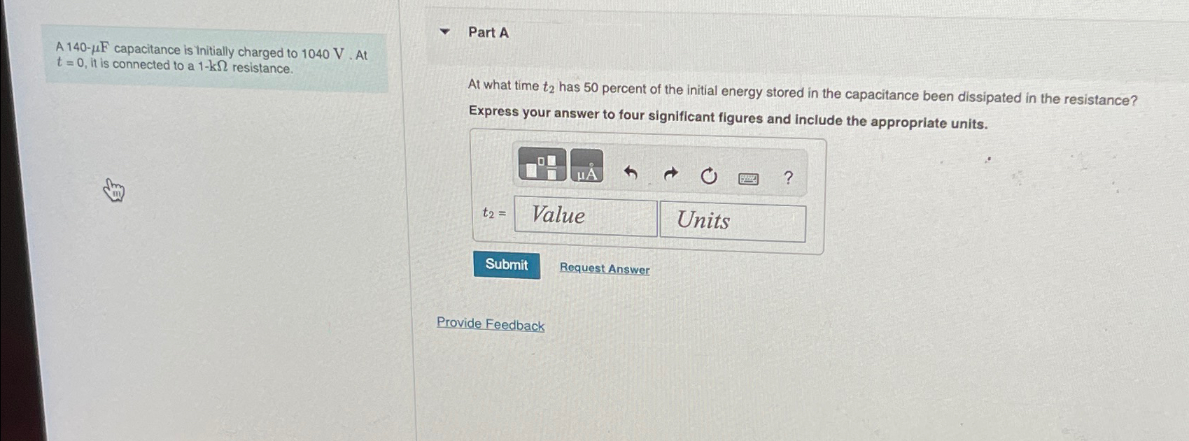 solved-a-140-f-capacitance-is-initially-charged-to-1040v-chegg