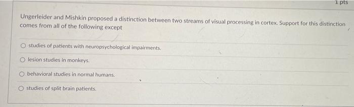 Solved 1 pts Ungerleider and Mishkin proposed a distinction | Chegg.com