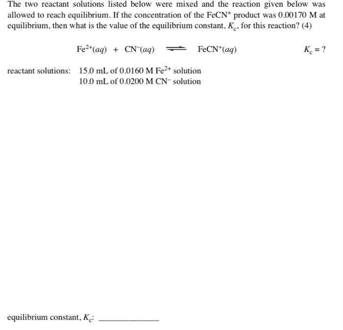 Solved Part 1 Preparation of a FeSCN2+ Calibration Curve
