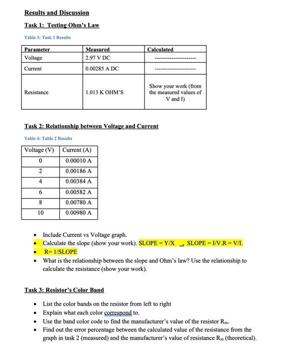Solved Results and Discussion Task 1: Testing Ohm's Law | Chegg.com