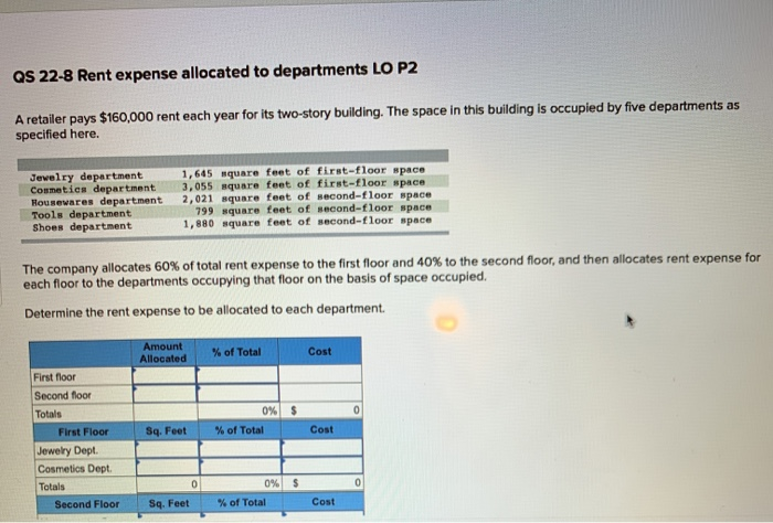 Solved QS 22-8 Rent expense allocated to departments LO P2 A | Chegg.com