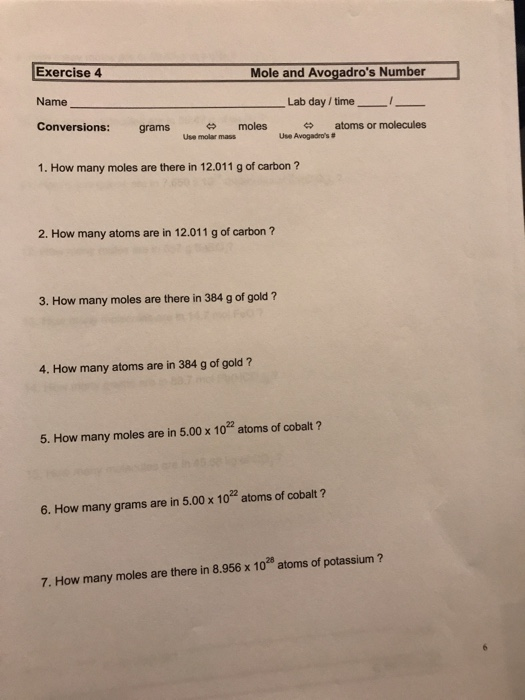 Introduction To Moles And Avogadro S Number Worksheet